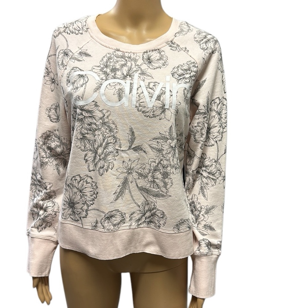 Calvin Klein Pink Black Floral Printed Varsity Stripe Sweatshirt Womens Large